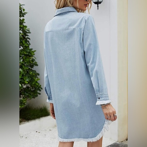 Zilcremo Women Denim Button Down Shirt Dress Long Sleeve Distressed Jean Sz L - Picture 3 of 15